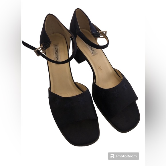 Navy Blue Block Heal Open Toe Fabric Sling Backs by Corsina Size 10 M - Picture 1 of 4